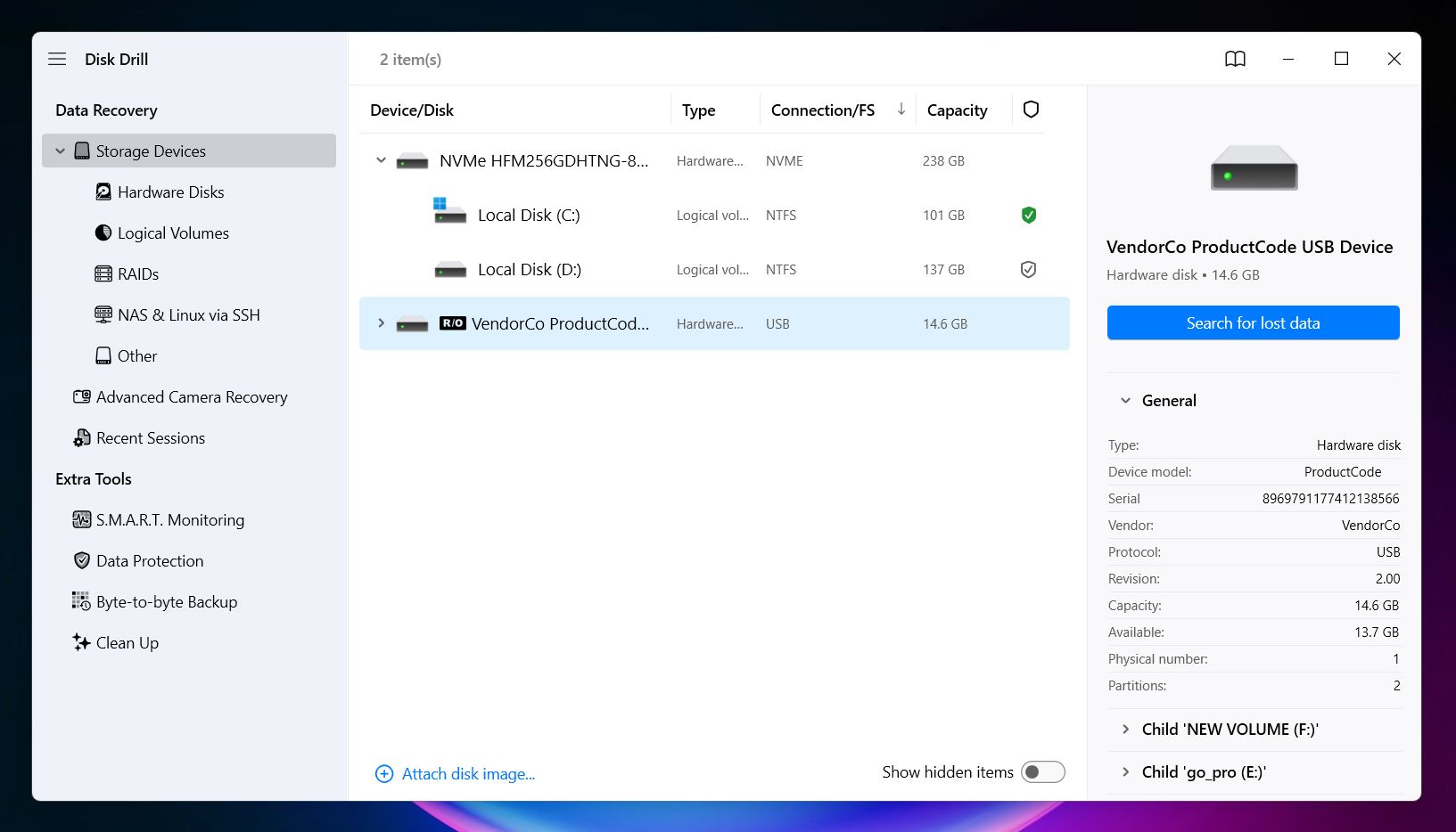 Disk Drill lists all storage devices