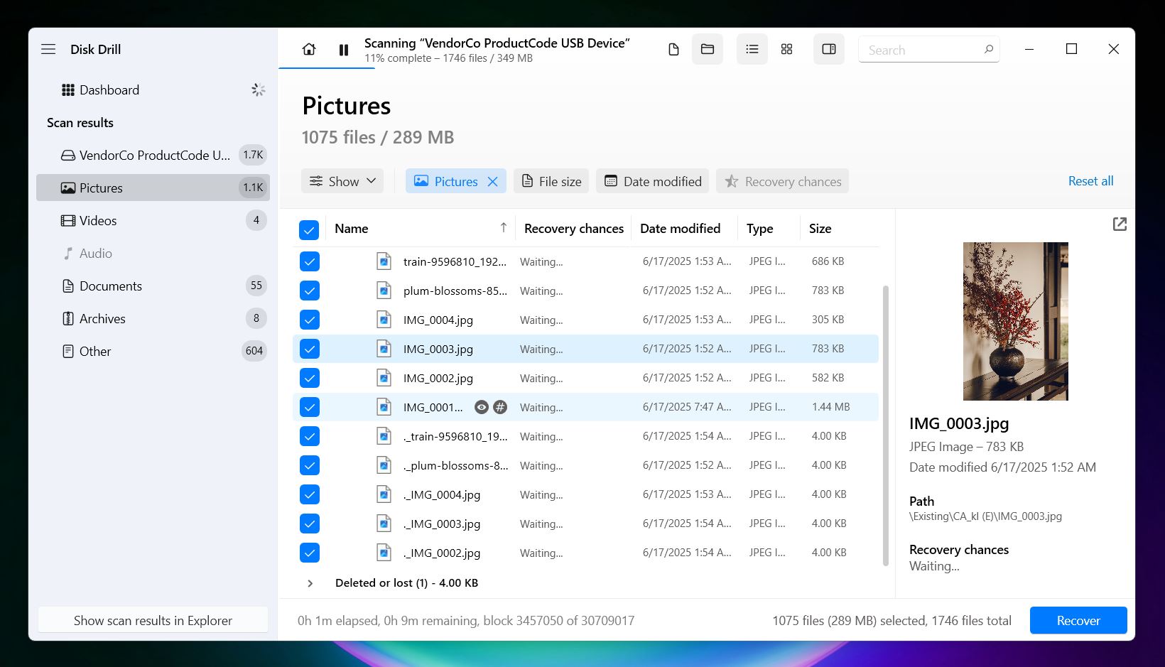 Disk Drill lists the SD card