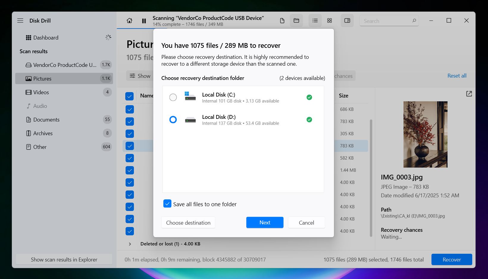 Disk Drill lists the SD card